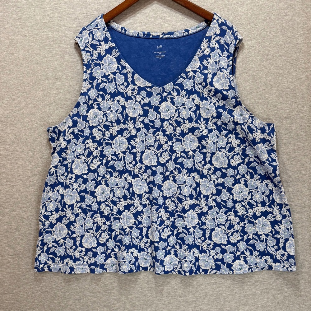J. Jill Tank Top Women 4X Blue Floral Pima Cotton Rounded V-Neck Cottagecore